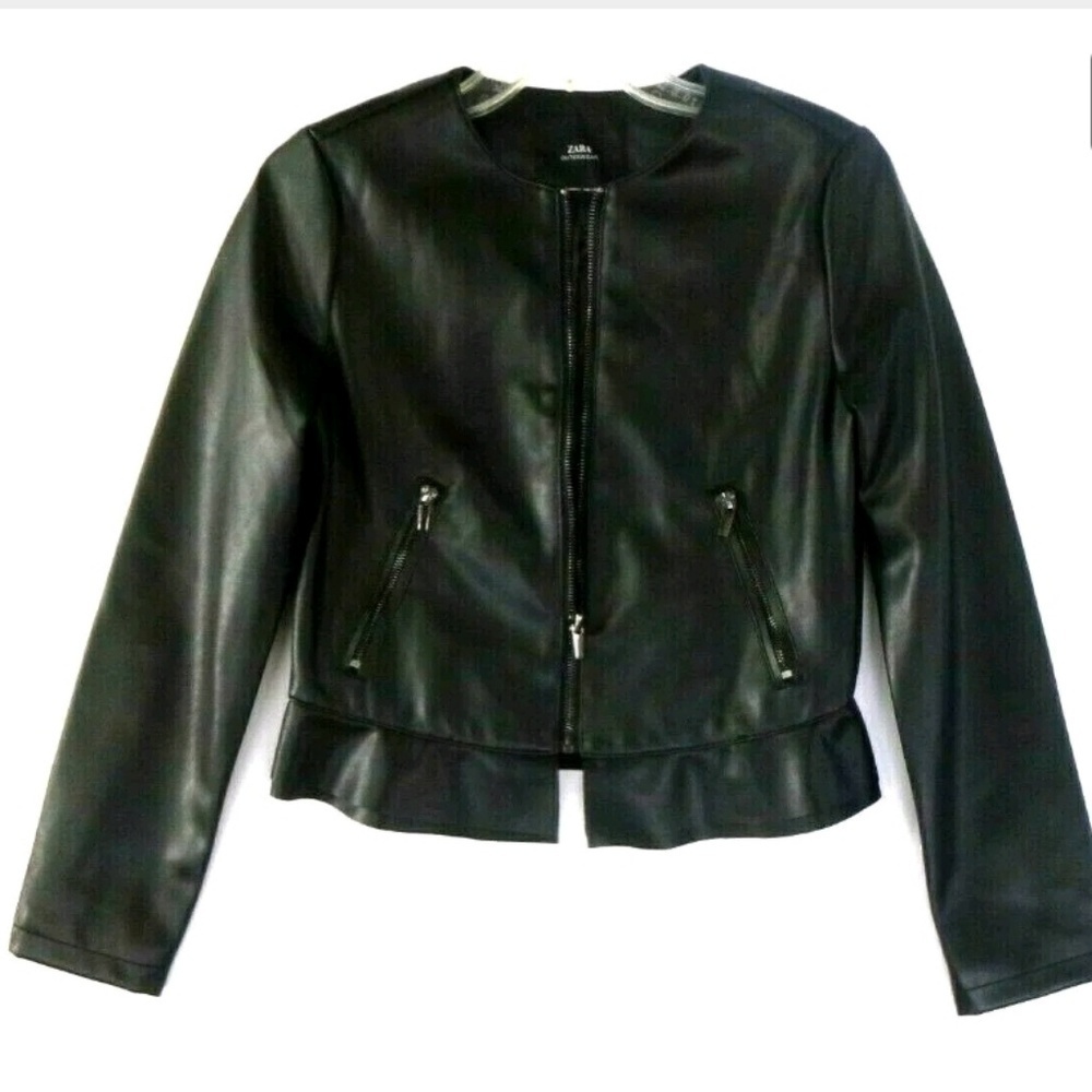 Zara black leatherette cropped jacket. Peplum hem